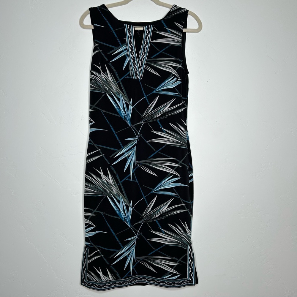 NWT White House Black Market Black and Blue Leaf Print Jersey Midi Dress Size S